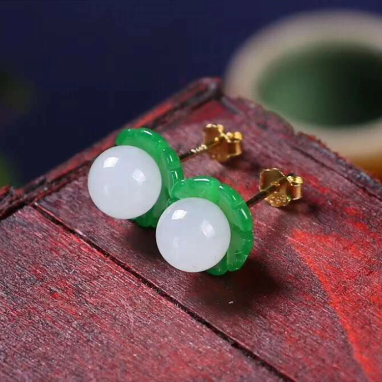 

18k gold plating 925 sterling silver natural jadeite/hetian jade stud earrings for women silver ball earring, Colors