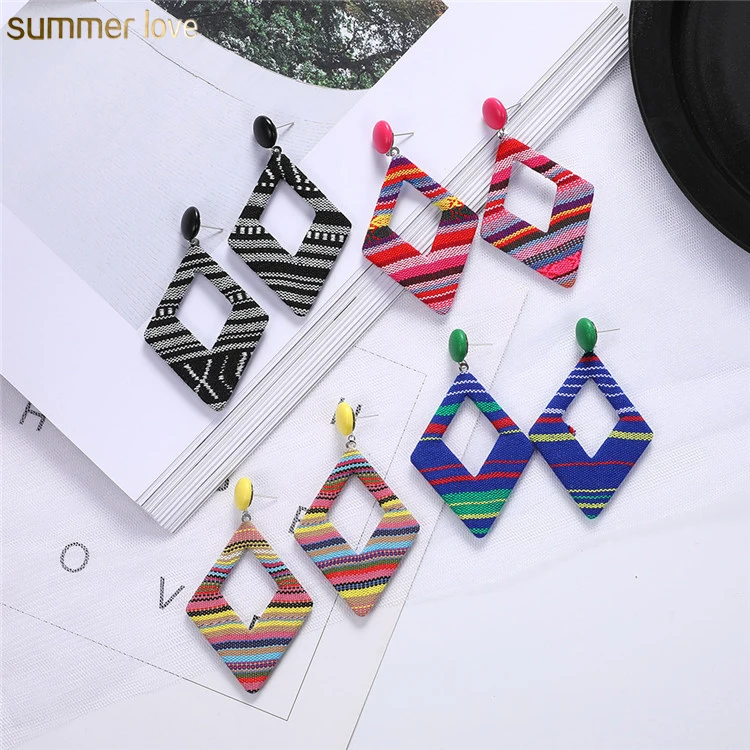 

Hot New Geometric Square Cloth Round Print Fabric Striped Drop Dangle Stud Earrings Jewelry for Women Girls, Colorful