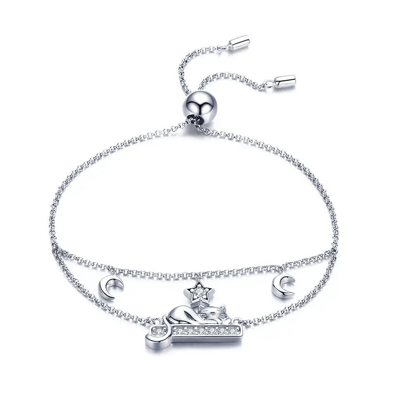 

New Trendy 925 Sterling Silver Adorable Cat Moon Pave Chain Women Bracelet