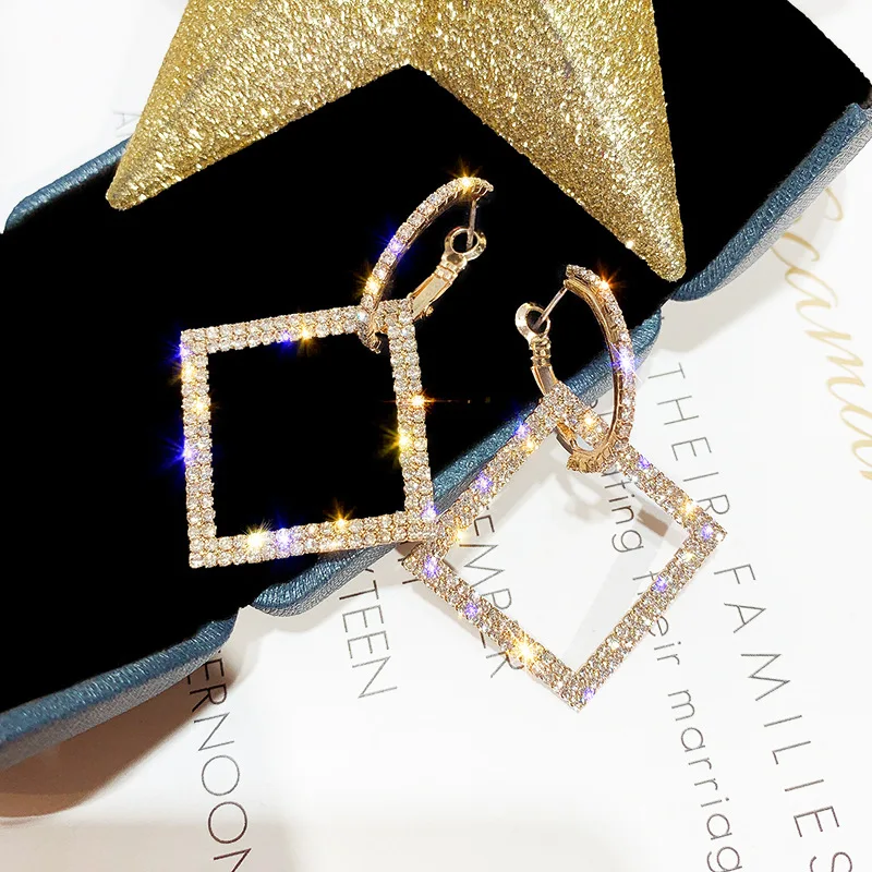 

Fashion Shining Rhinestone Geometric Square Drop Earrings Full Crystal Square Clip On Earrings for Women