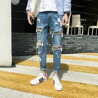 

C4X06 Personality new men's summer fashion men's thigh knees broken hole nine pants jeans