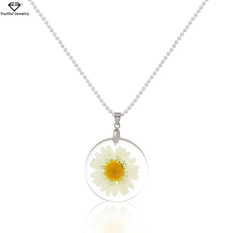 

2021 Trendy Boho Transparent Daisy Pendant Necklace Ball Chain Handmade Bohemia Glass Dried Flower Resin Necklace