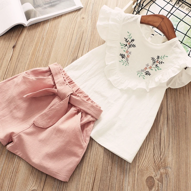 

Girls Clothing Sets 2019 Summer Fashion Style Kids embroidery flower T-shirt shorts 2Pcs Suit Kid summer cotton outfits, As picture