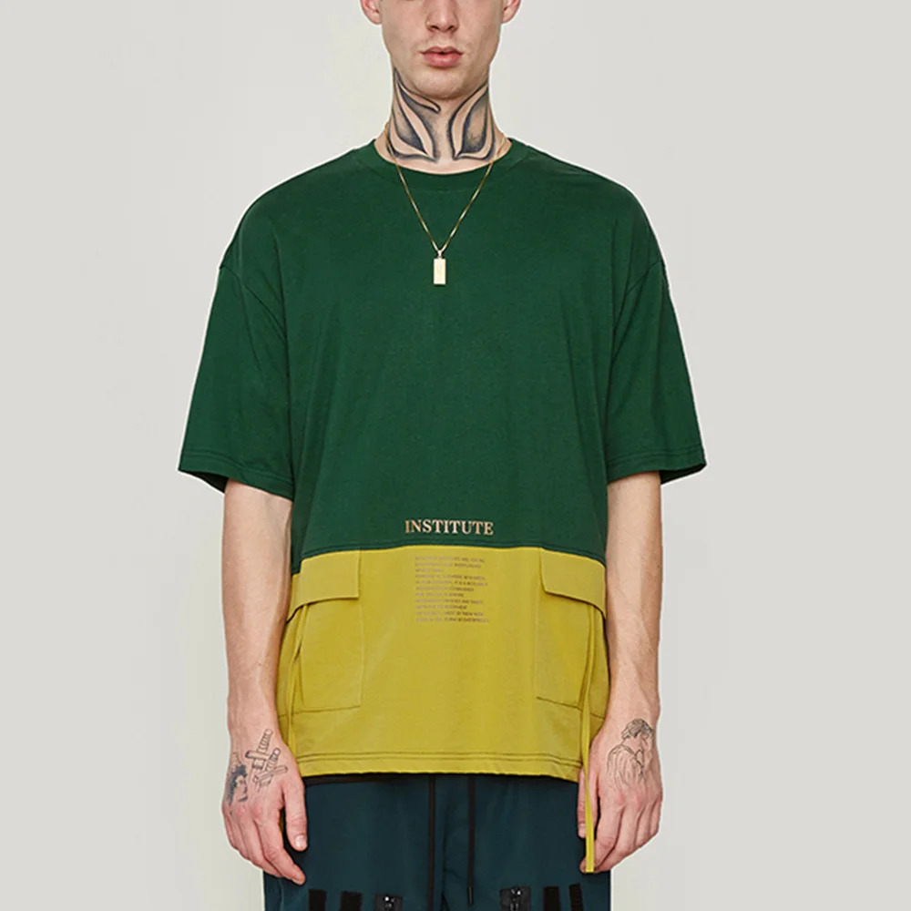 2019 Summer spring oem custom pocket 100% cotton t shirt street wear round neck mixed color block pocket t shirt