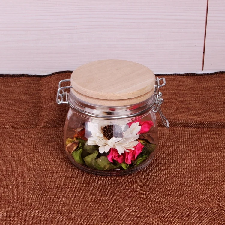 

Wholesale Glass Jar With Bamboo Lid/ Wooden Lid Kitchenware Clip Top Glass Storage Jars, High transparency and any color you want