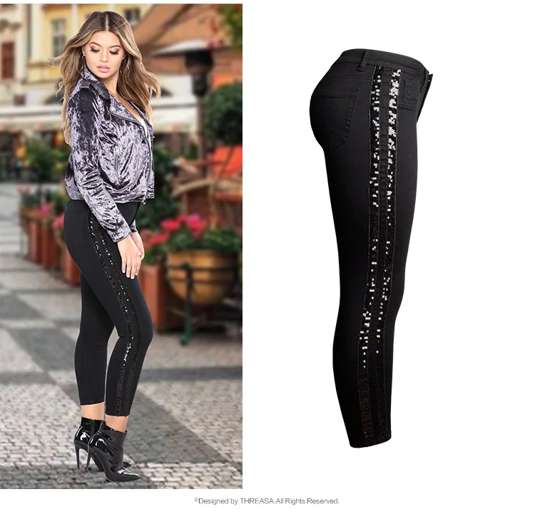 

2019 America hot sale style ladies slim fit denim jean pants bodycon trousers skinny Stretch women high waist jeans with sequins