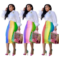 

SAU7037 rainbow candy color print high waist fashion office lady wrap midi skirt