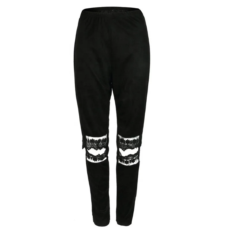 

Women's Casual Leggings Knee Cut Out Embroidered Mesh Insert Leggings Black Contrast Lace Leggings