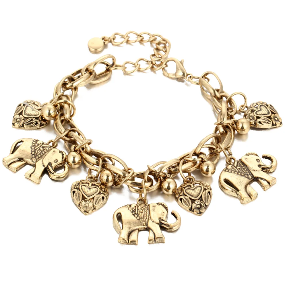 

Wholesale Women Anklet Jewelry Vintage Style Elephant Heart Charm Chain Anklet, As pic