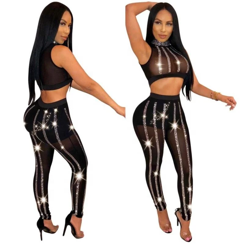 

Sexy black mesh bodycon shiny rhinestone two piece ladies club wear, N/a