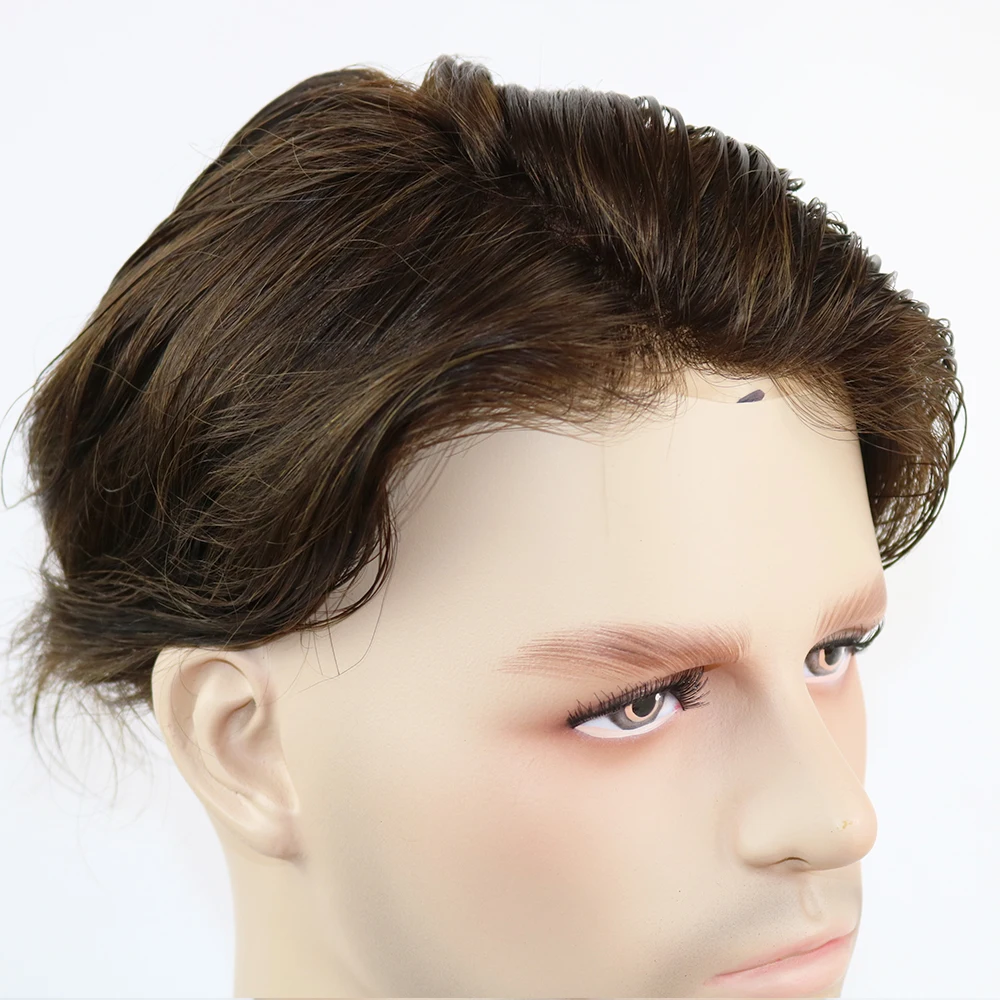 

SimBeauty Mono Poly 8X6 9x7 Men Toupee Remy Indian Poly Coating Around and Mono 100% Human Hair Replacement Mens Wig