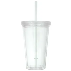 Image of double wall thermal plastic cup with straw