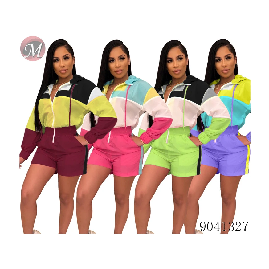 

9041327 Hot sale contrasting color zip-up casual romper and jumpsuit costume for women