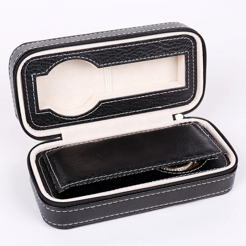 

New Portable Leather Watch Organizer Box Fashion Gift Watch Storage Case With Zipper, Black