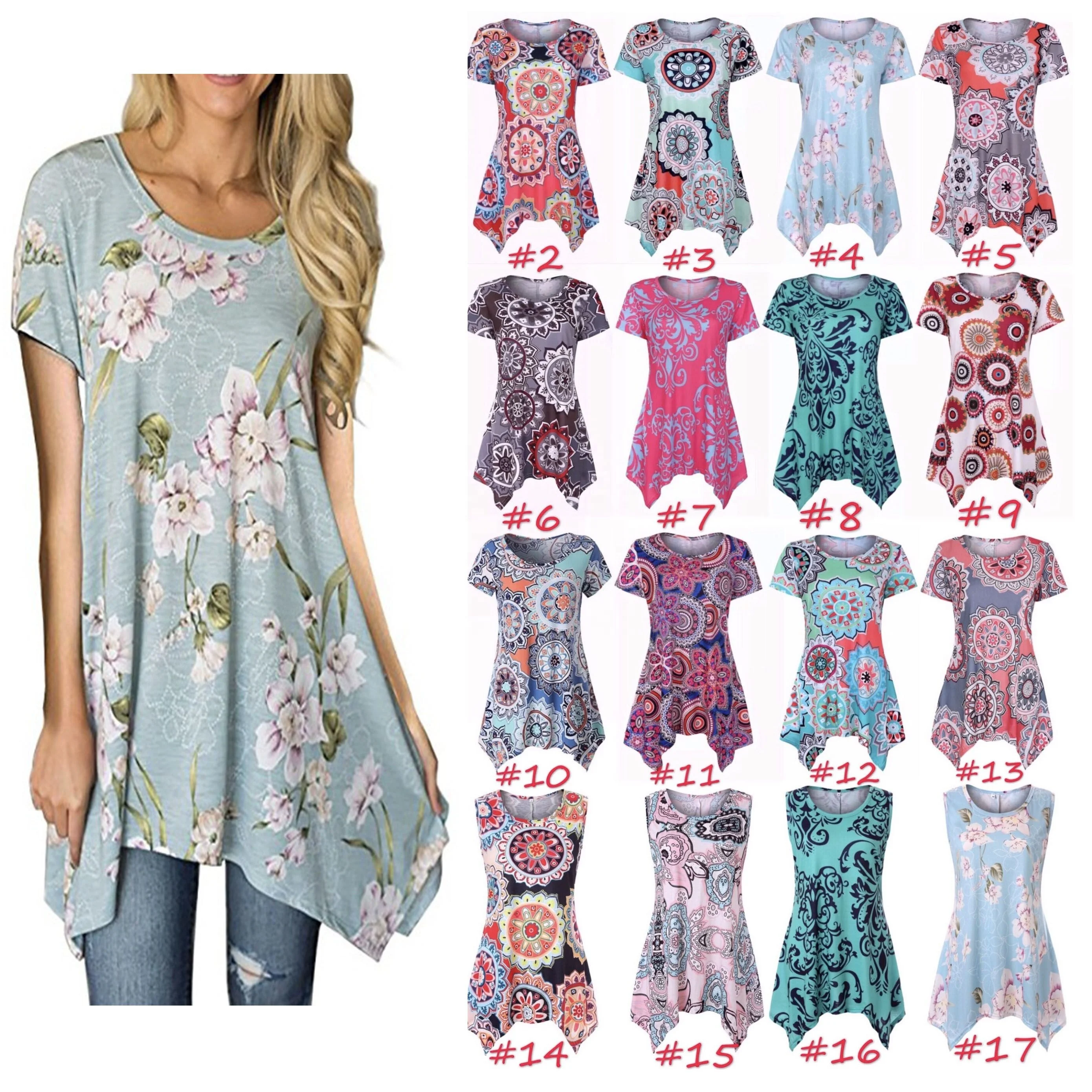 

F55 Women's Short Sleeve Swing Tunic Summer Floral Flare Tee Top blusas Shirt O neck Casual summer shirt women, N/a