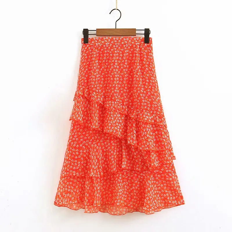 

Red color floral printed ruffle layer women midi chiffon skirt