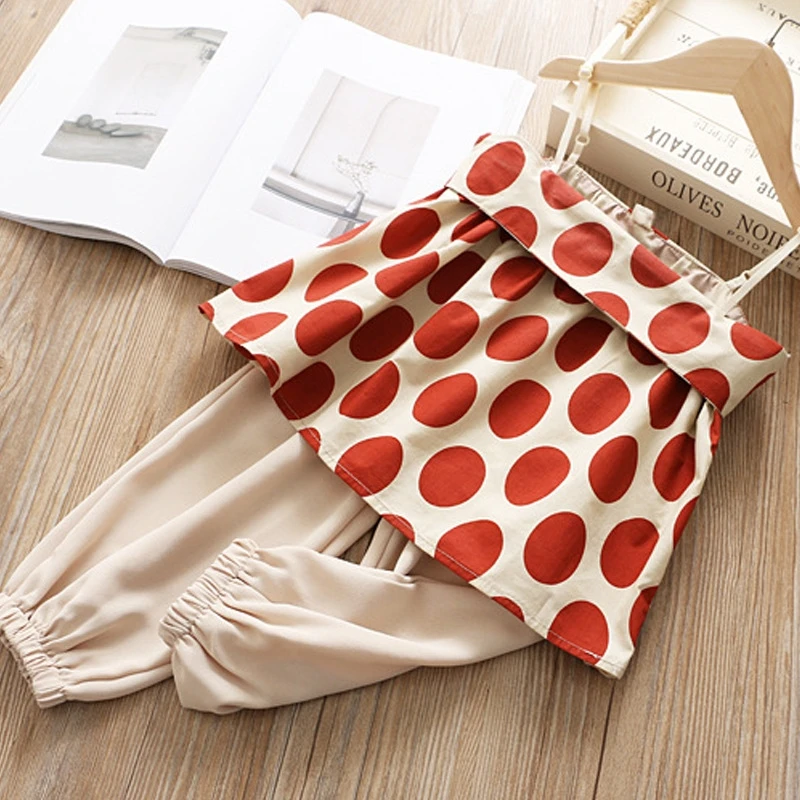 

2019 Children summer Clothing Sets Girls Polka Dot Halter Top + Chiffon Trousers Pants 2pcs Clothing Set For Girls, As picture