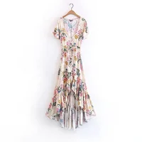 

MOLI 2019 New Arrival Womans Boho Flower Fishtail Dress Short Sleeve Floral Print Maxi Ruffled Dress