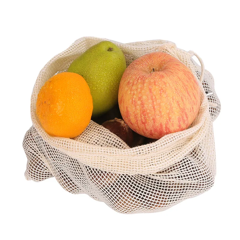 

Produce Tote Carry Small Organic White Packaging Reusable Grocery Promotion Mesh Net Cotton Drawstring Draw String Shopping Bag