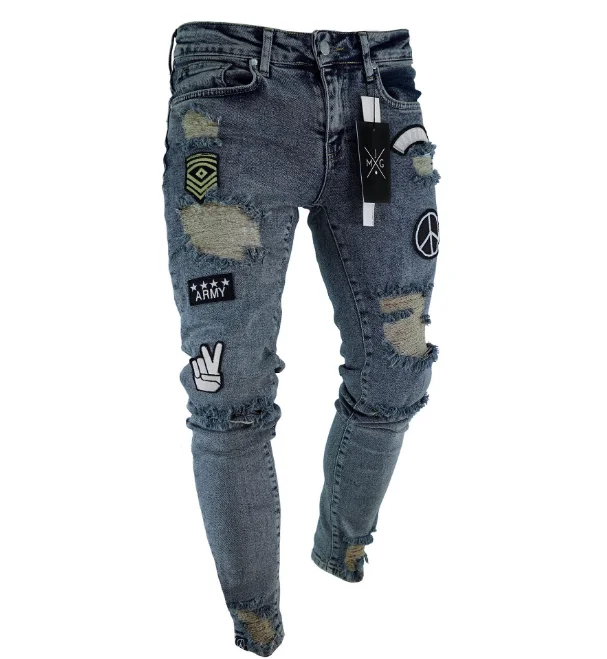 

QF1478 Men's fashion knee holes zipper feet badge jeans