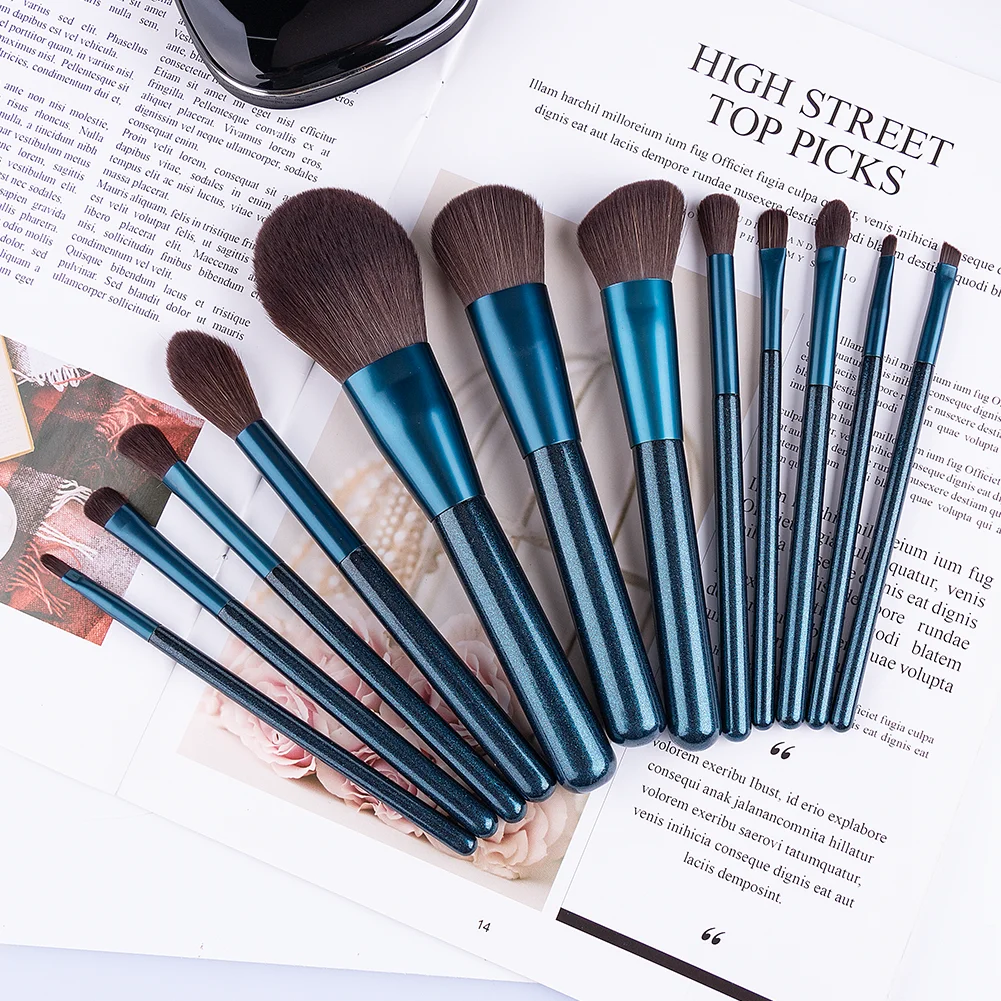 

Foundation Power Blush Makeup Brush Set 12pcs Blue Wood Handle Cosmetics Brush Tool