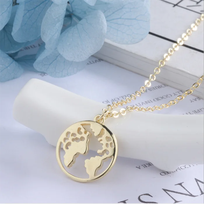 

Minimalist medal jewelry plating 18k gold earth pendant world map necklace