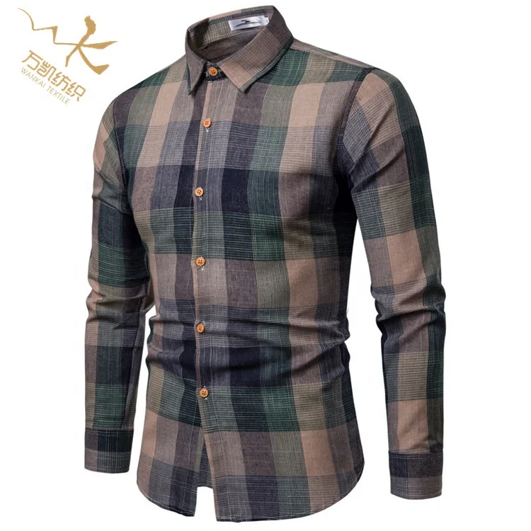 polyester cotton yarn dyed plaid fabric long sleeve slim fit men's spring autumn check casual t shirt