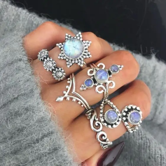 

6 Pcs/Set Vintage Sunflower Handmade Opal Ring Set for Women Leaf Flower Heart Crown Rings Boho Jewelry (KR068), Antique gold,antique silver