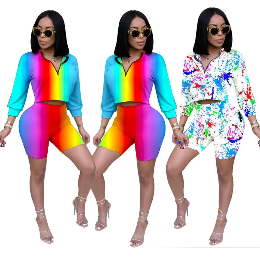 

SAK9235 fashion candy color print crop top and short pants casual bodycon women two piece set, As pictures showed