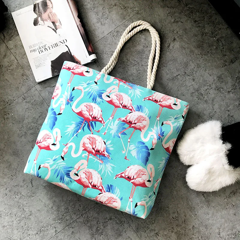 

2019 Summer Canvas Beach Bag Flamingo Women Tote Bag with Rope Handle Custom Print