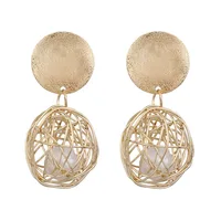 

Trendy Korean Style 14k Real Gold Plated Handmade Metal Hollow Cage with Imitation Pearl Drop Dangle Earrings