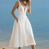 

Women White Midi Summer Dress / Lace Deep V Neck Party Evening Dress