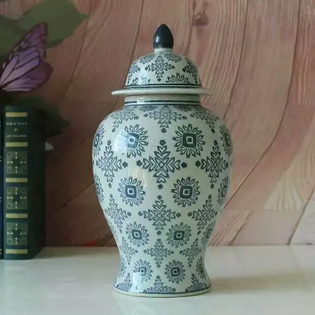

Chinese artist porcelain jar hand paint blue and white floral porcelain container elegant ceramic temple jar