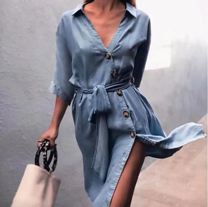 

2019 Aliexpress Custom Women Solid Color Plus Size Denim Bandage Dress, As picture