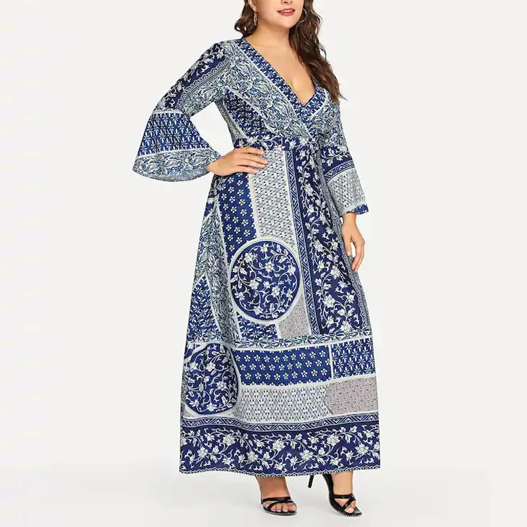 

New Arrival Plus Size All Over Printed Long Sleeve Maxi Dress, Customized