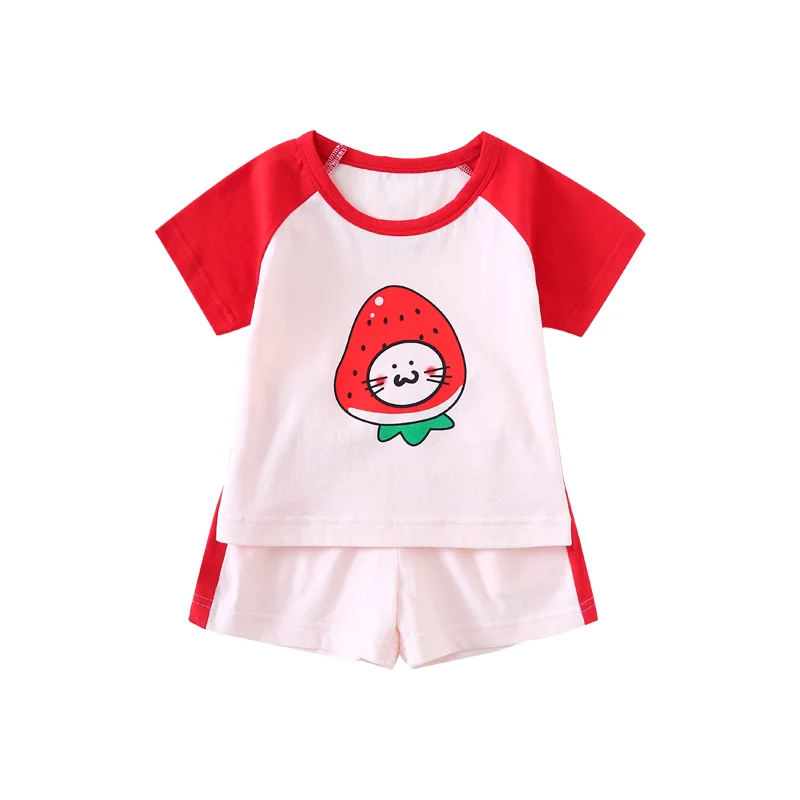 

Hot summer online shopping kids wear cute strawberry 100%cotton baby clothes set, Red