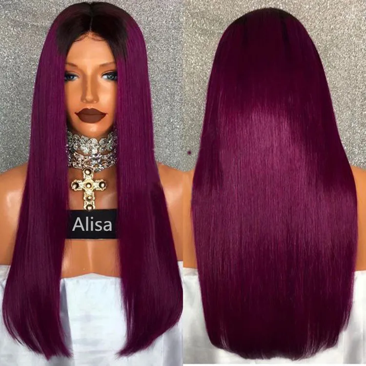 

T1B/Purple Long Straight 150% Density Human Hair Lace Front Wigs