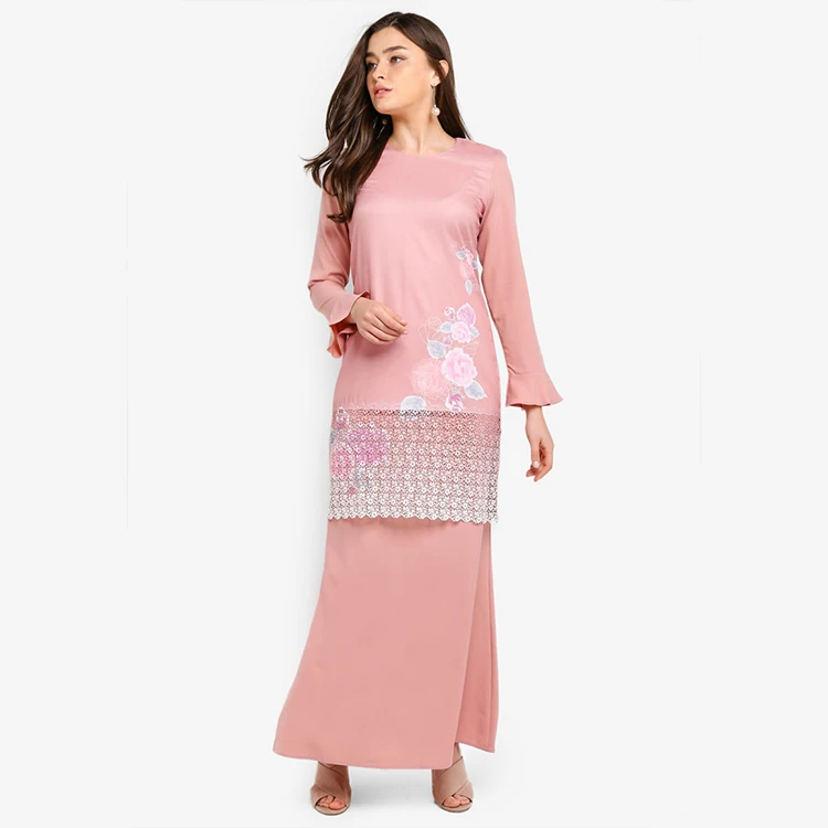 Women Malaysia Baju Kurung And Melayu Printing Pink Jubah Kebaya Neckline