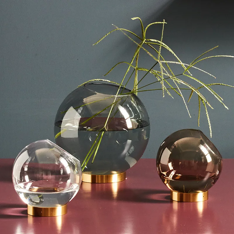 

Home Decoration Round Shape Customized Glass Vase With Metal