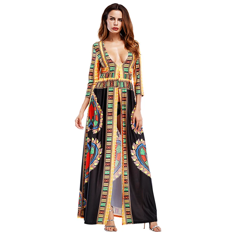 

Modern African Dress Styles Bohemian 3/4 Sleeve Maxi Long Dress, Black