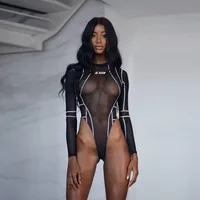 

Casual Black Back Zipper Women Long Sleeve Transparent Sexy Jumpsuits