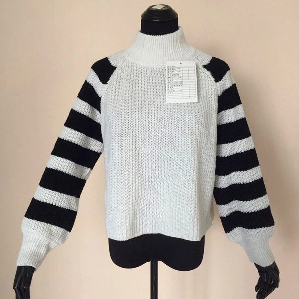 

2019 knitted sweater for women stand collar with stripe sleeve cheaper price