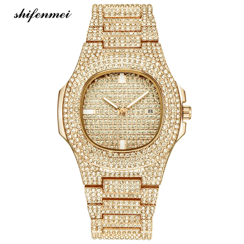 

Watch Factory In Stock All Diamonds Alloy Steel Gold Watch Women Luxury Jewelry Dress Wristwatch