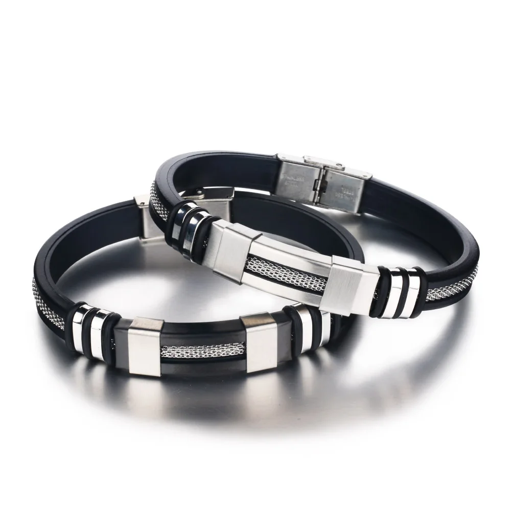 

New style high quality students style stainless steel charm black silicone bracelet