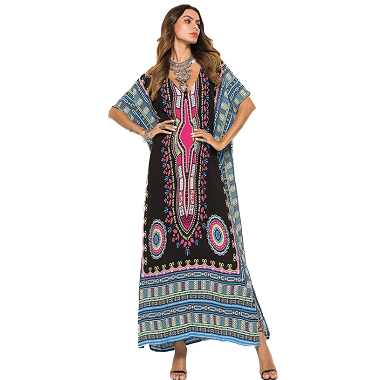 

Top Sell Bohemia Maxi Dresstribal Plunging Neck Dresses Ankle Length African Dress Style, Black