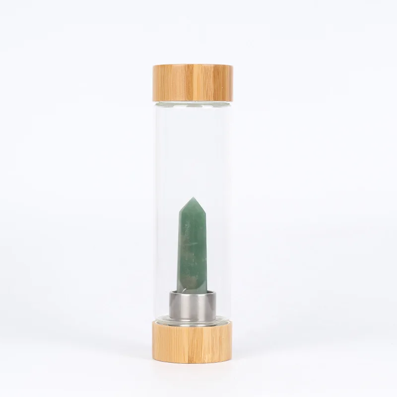 

500ml Quartz Crystal Water Bottle Gemstone Energy Glass Bottle Hydrotherapy Cup With Bamboo lid and bottom, Green purple black yellow or customized