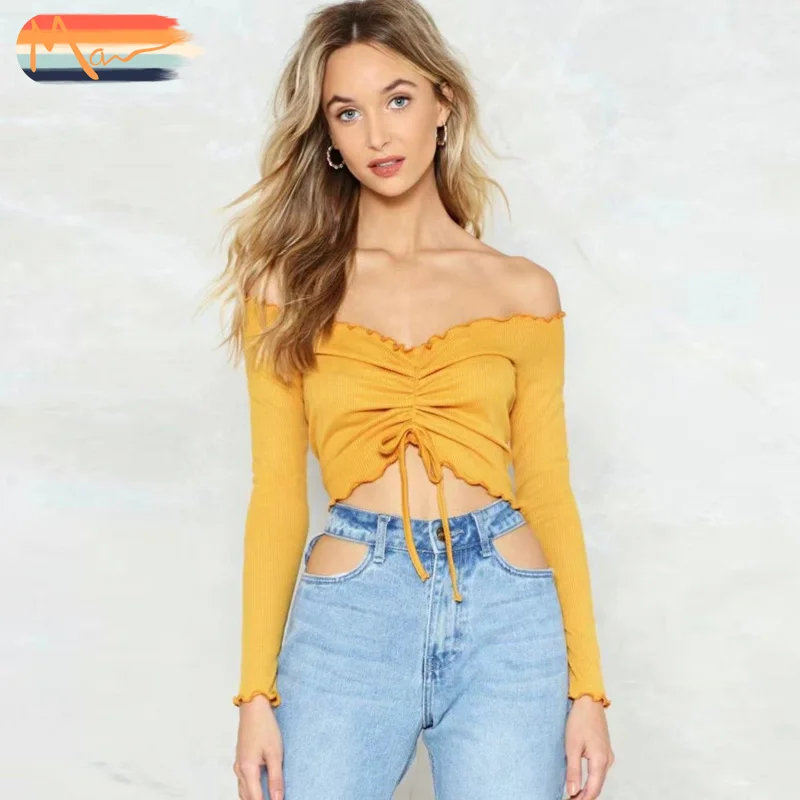 

Maxnegio t shirt women off shoulder tops long sleeve crop top