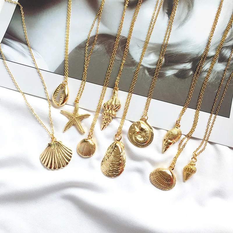 

Summer Ocean Series Gold Shell Necklace Scallop Conch Starfish Gold Shell Pendant Necklace