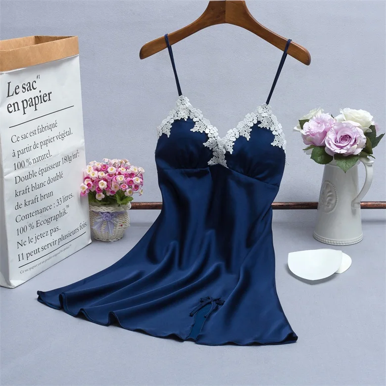 

dark blue Satin chiffon nightgown slip night dress women's sleepwear