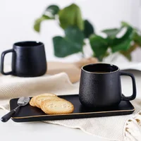 

Porcelain Matte Black Mug with Plate Set Breakfast Set with Gold Rim